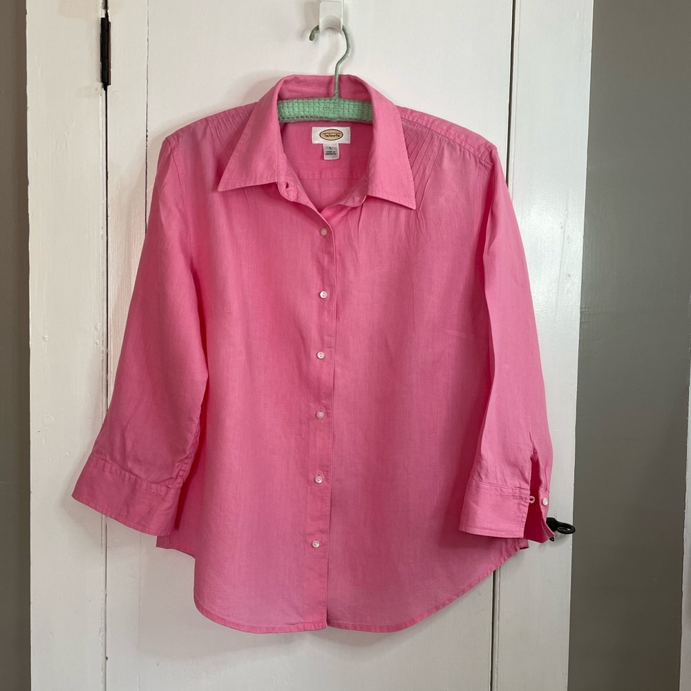 TALBOTS Irish Linen 3/4 Sleeve Pink Blouse with front pintuck details. Sz L